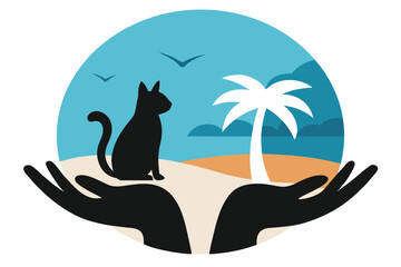 Silhouette Cat and Palm Tree Island in Caring Hands, Illustration