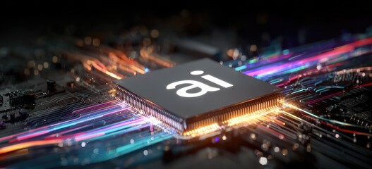 A detailed close-up of a CPU chip, with the letters "ai" on top, connected with colored light trails