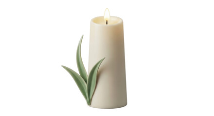 Isolated ivory candle with an artistic modern design and decorative green leaves accent