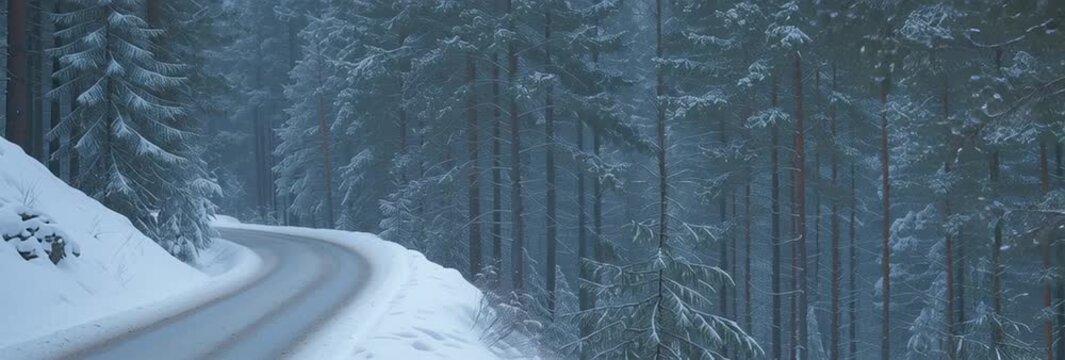 Curvy snowy road in a quiet pine forest with a wooden sign saying hello winter