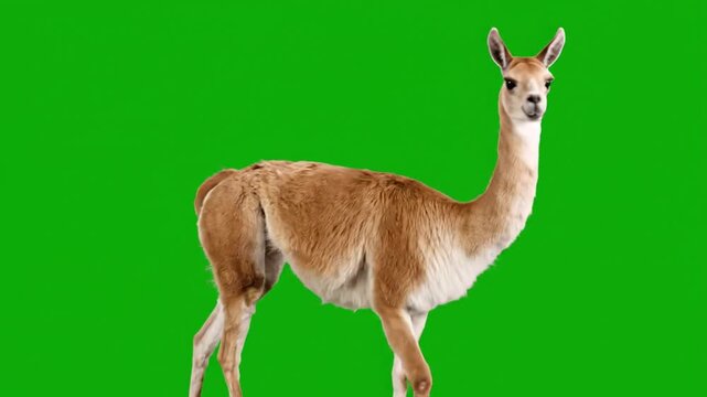 South American Guanaco or Vicu&ntilde;a (Lama glama) Walking and Posing on Green Screen for Easy Chroma Keying and VFX Compositing of Andean Wildlife Mammal.