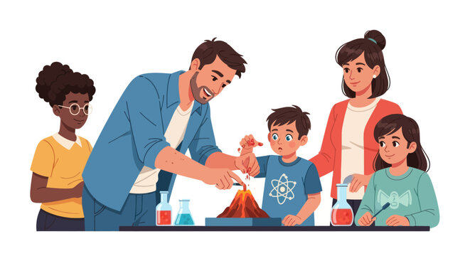 Family engaged in a fun science experiment with a volcano model. - Powered by Adobe