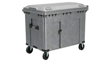 Gray industrial commercial outdoor dumpster with wheels on white background, perfect for waste management and cleanup projects