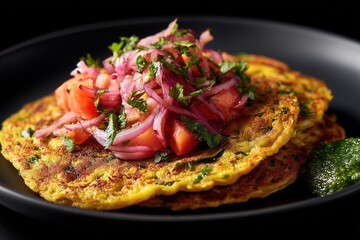 Golden crispy moong sprouts cheela pancake with onion tomato salad, coriander garnish, and mint chutney