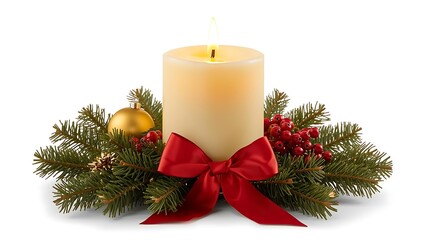Festive christmas candle centerpiece with red bow and evergreen garland