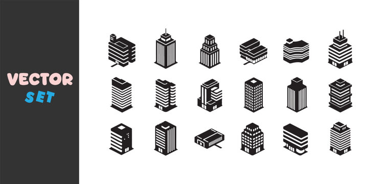 Collection of isometric city buildings and skyscrapers icons