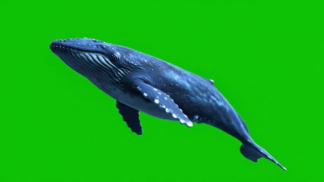 Massive Humpback Whale (Megaptera novaeangliae) Swimming Gently on Green Screen for Easy Chroma Keying and VFX Compositing of Endangered Marine Mammal Wildlife.