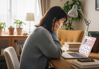 ノートブックPCに向かって悩んでいる女性