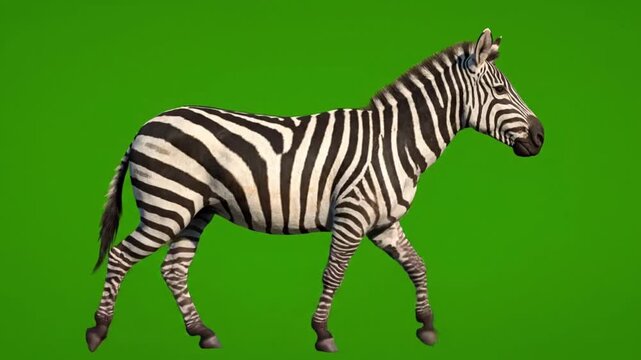 African Plains Zebra (Equus quagga) Walking on Green Screen for Easy Chroma Keying and VFX Compositing of Savannah Wildlife Mammal with Distinct Black and White Stripes.