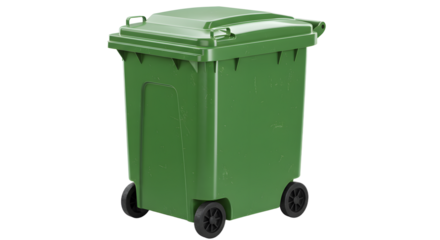 Green wheeled garbage bin isolated on white background, trash container for waste disposal and recycling