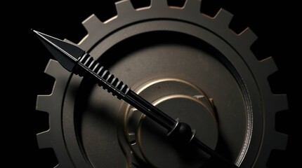 Gear with arrow, and machinery.