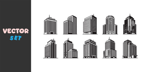 Obraz premium Collection of ten distinct black and white skyscraper illustrations