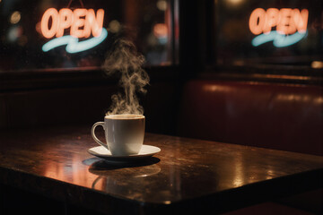Steaming coffee mug in cozy diner at night.