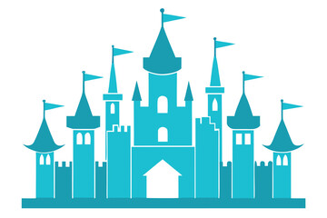 Naklejka premium Teal Cartoon Castle with Flags, Towers, and Turrets on a White Background