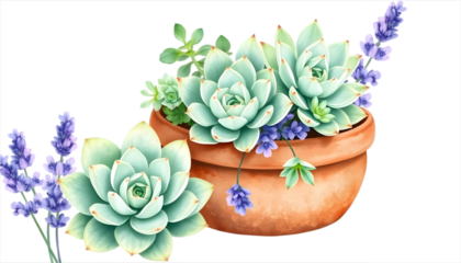 Succulent Plants in Clay Pot with Lavender Flowers on Transparent Background