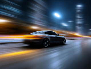 Side view of a dark sports car driving at high speed on a wet city road at night, with motion blur and light trails highlighting performance, velocity, and urban energy.