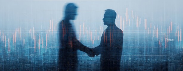Two business people shaking hands overlaid on a financial data visualization in front of a city