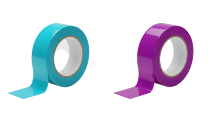 Two rolls of colored adhesive tape, one turquoise and one purple, isolated on white, perfect for crafting and office supplies