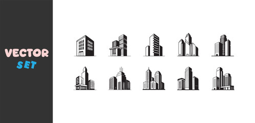 Collection of stylized black and white skyscraper illustrations in a grid layout