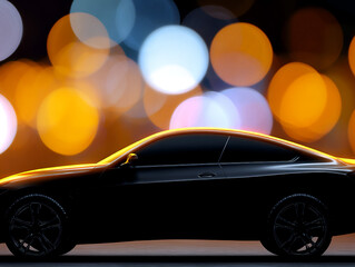 A sleek black sports car in side profile with glowing orange accents, set against a blurred bokeh background of vibrant city lights in gold, white, and blue tones, creating a dramatic and stylish atmo