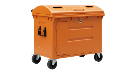 Large orange metal dumpster on wheels isolated on white background for waste management and industrial use