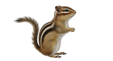 Isolated rodent standing upright, cute North American chipmunk with striped markings on fur