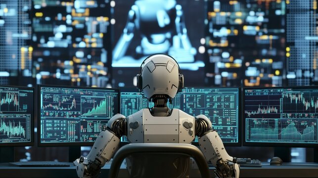 Robot is sitting in front of multiple computer screens, monitoring stock market data and analyzing trends