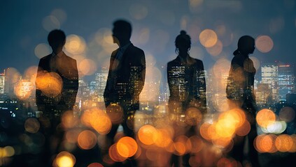 Silhouetted group against a shimmering city at night, overlaid with warm, blurred lights