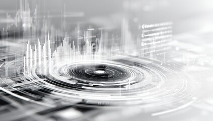 Conceptual grayscale image with data visualization, charts, and concentric circular lines