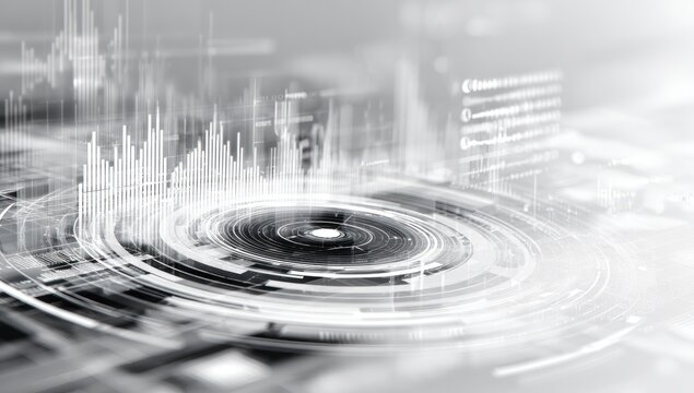 Conceptual grayscale image with data visualization, charts, and concentric circular lines