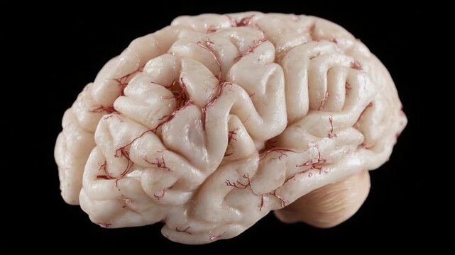 A Detailed Examination of a Realistic Human Brain Model Showcasing Intricate Structures and Blood Vessels for Educational and Anatomical Purposes