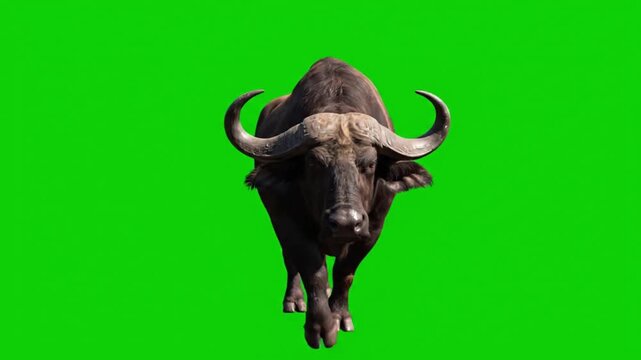Fearsome African Cape Buffalo Walking Towards Camera Seamless Loop 3D Animation on Green Screen for Chroma Key Compositing and Safari VFX

