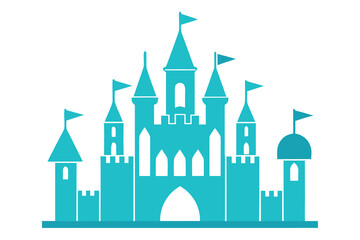 Turquoise Castle Silhouette Illustration with Towers, Flags, and Archways on a White Background