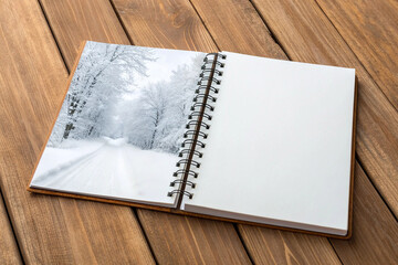 Open Spiral Notebook Mockup with Winter Forest Photo and Blank Page. Journaling Concept