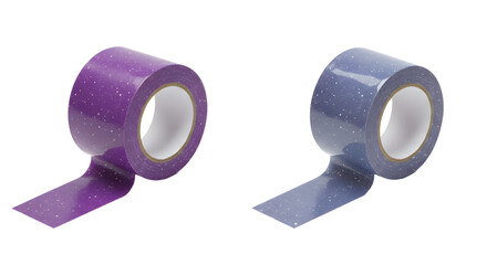 Two rolls of colorful washi tape in purple and blue with white speckles isolated on white background, perfect for crafting and scrapbooking