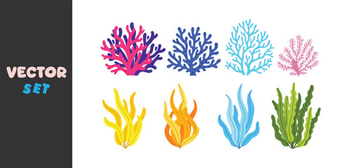 Collection of colorful watercolor illustrations of various coral and seaweed