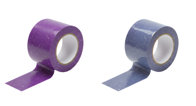 Two rolls of colorful washi tape in purple and blue with white speckles isolated on white background, perfect for crafting and scrapbooking - Powered by Adobe