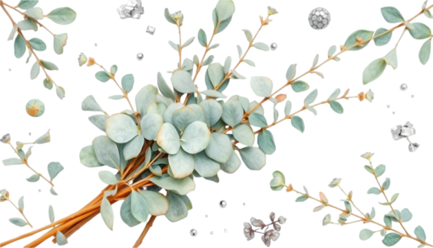 Eucalyptus Branch with Silver Green Leaves and Small Flowers on Transparent Background