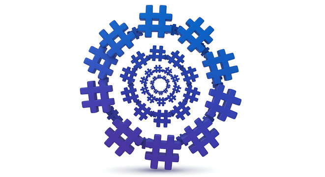 Dynamic digital network of interconnected hashtags forming an endless spiral, symbolizing online trends and social media engagement