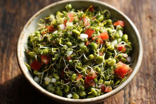 Healthy moong sprouts salad with fresh vegetables and lemon dressing in ceramic bowl, natural lighting