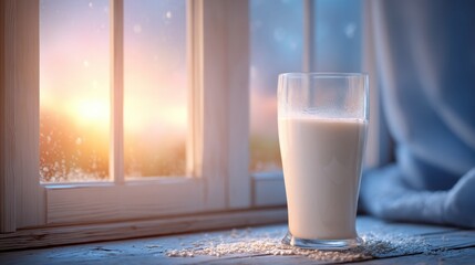 Glass of fresh milk on wooden table near window with sunrise view and raindrops, creating a warm and inviting atmosphere in a cozy setting