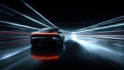 Sleek, futuristic car speeding through a tunnel of light. Reflections on wet asphalt