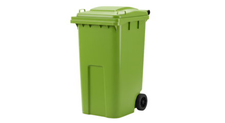 Green outdoor wheeled trash bin isolated on white background for waste management and recycling, perfect for environmental projects