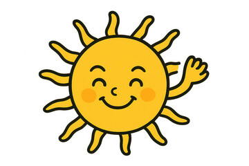 Fototapeta premium Smiling cartoon sun character waving happy welcome, summer greeting, hello sunshine, weather forecast icon, transparent background