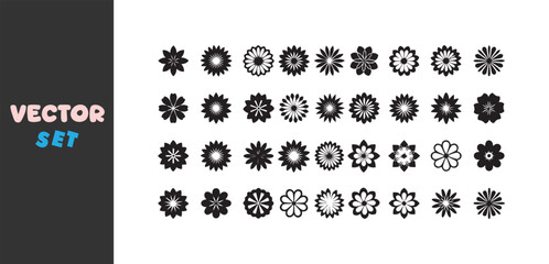 Collection of diverse black and white floral and star shaped decorative elements