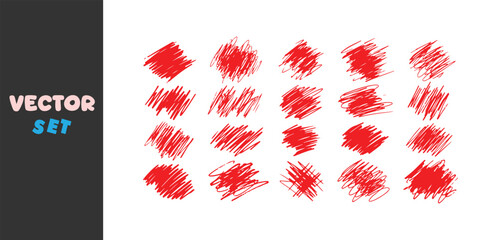 Collection of abstract red scribbles and brush strokes on white background
