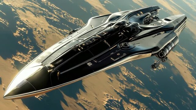 Futuristic spaceship flying above a planet's surface. Sleek design features a black exterior with sharp angles and technology