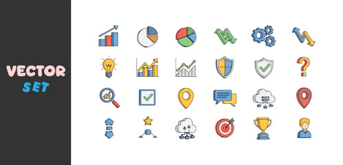 Collection of hand drawn icons representing business finance and strategy concepts