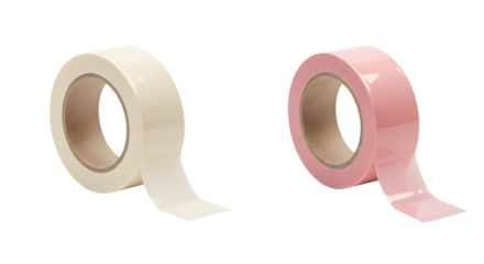 Two rolls of adhesive tape in beige and pink colors against white background, ideal for office, crafting, and packaging uses