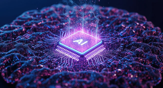 AI Brain Power A Futuristic Microchip Embedded in a Brain Shaped Structure Symbolizing Artificial Intelligence and Advanced Neural Network Computing Capabilities